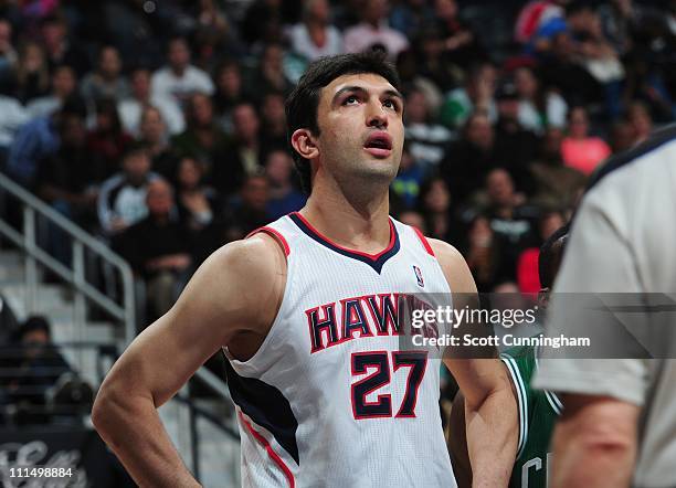 Zaza Pachulia of the Atlanta Hawks looks on during the game against the Boston Celtics on April 1, 2011 at Philips Arena in Atlanta, Georgia. NOTE TO...