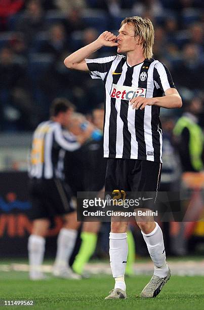 Milos Krasic of Juventus celebrates after scoring the opening goal during the Serie A match between AS Roma and Juventus FC at Stadio Olimpico on...