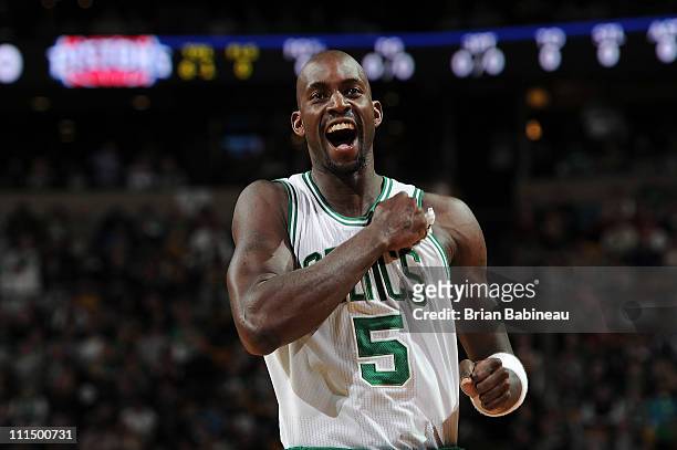 Kevin Garnett of the Boston Celtics gets pumped up during the game against the Detroit Pistons on April 3, 2011 at the TD Garden in Boston,...