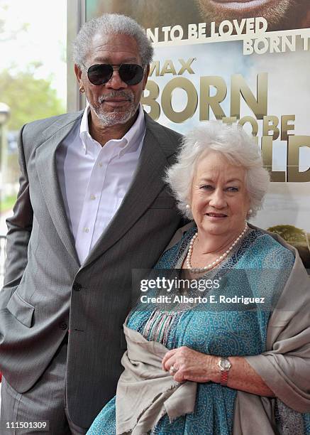 Actor Morgan Freeman and Dame Daphne M. Sheldrick arrive to the premiere of Warner Bros. Pictures' "Born To Be Wild 3-D" at the California Science...