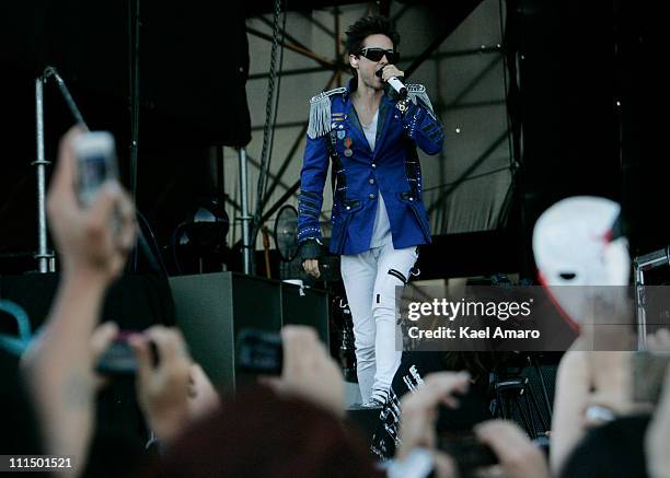 Jared Leto of Thirty Seconds to Mars performs live on stage during the 2011 Lollapalooza Music Festival at O?Higgins Park on April 3, 2011 in...