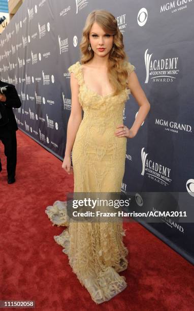 Singer Taylor Swift arrives at the 46th Annual Academy Of Country Music Awards RAM Red Carpet held at the MGM Grand Garden Arena on April 3, 2011 in...