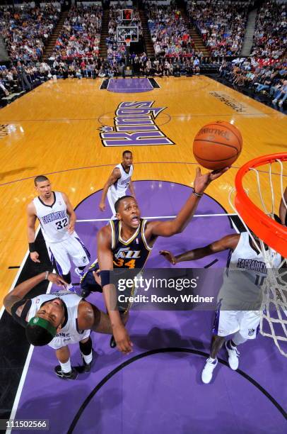 Miles of the Utah Jazz shoots the ball against the Sacramento Kings on April 3, 2011 at Power Balance Pavilion in Sacramento, California. NOTE TO...