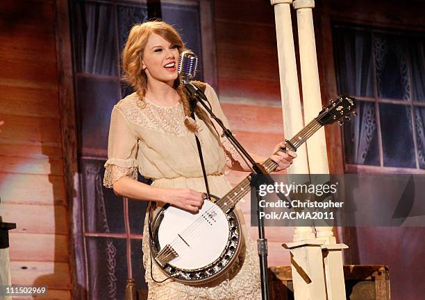 Singer/songwriter Taylor Swift performs at the 46th Annual Academy Of Country Music Awards held at the MGM Grand Garden Arena on April 3, 2011 in Las...
