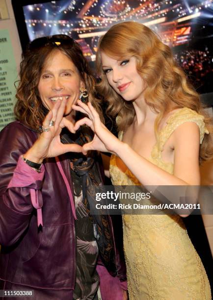 Musicians Steven Tyler and Taylor Swift backstage at the 46th Annual Academy Of Country Music Awards held at the MGM Grand Garden Arena on April 3,...
