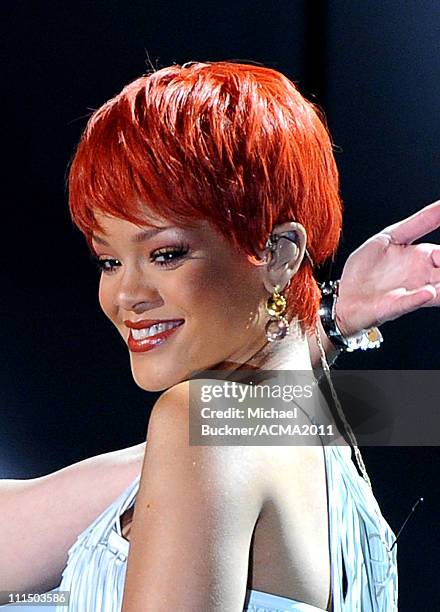 Rihanna performs onstage at the 46th Annual Academy of Country Music Awards ACM Fan Jam with Sugarland at the Mandalay Bay Resort & Casino on April...