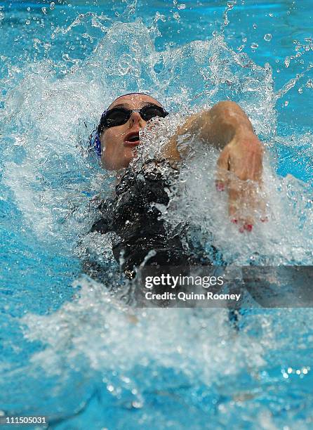 Sophie Edington of Australia races in the Heats of the Women's 50 Metre Backstroke during day four of the 2011 Australian Swimming Championships at...