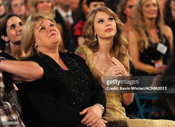 Andrea Swift and singer Taylor Swift in the audience at the 46th Annual Academy Of Country Music Awards held at the MGM Grand Garden Arena on April...