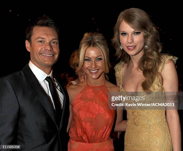 Ryan Seacrest, singer Julianne Hough, and singer Taylor Swift pose in the audience at the 46th Annual Academy Of Country Music Awards held at the MGM...