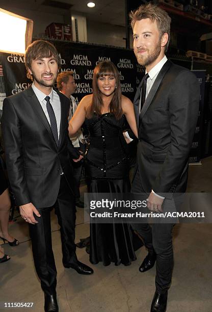 Musicians Dave Haywood, Hillary Scott and Charles Kelley of Lady Antebellum backstage at the 46th Annual Academy Of Country Music Awards held at the...