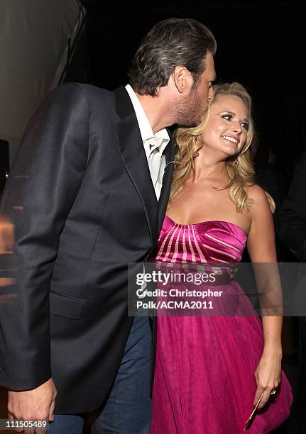 Musicians Blake Shelton and Miranda Lambert pose backstage at the 46th Annual Academy Of Country Music Awards held at the MGM Grand Garden Arena on...