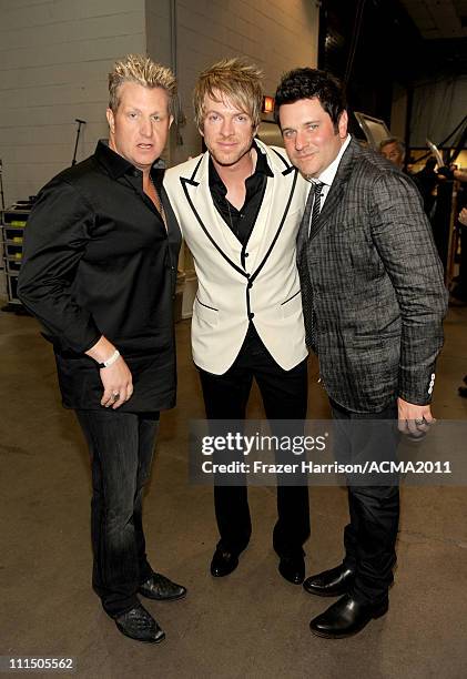 Musicians Gary LeVox, Joe Don Rooney and Jay DeMarcus of the band Rascal Flatts pose at the 46th Annual Academy Of Country Music Awards held at the...