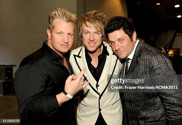 Musicians Gary LeVox, Joe Don Rooney and Jay DeMarcus of the band Rascal Flatts pose at the 46th Annual Academy Of Country Music Awards held at the...