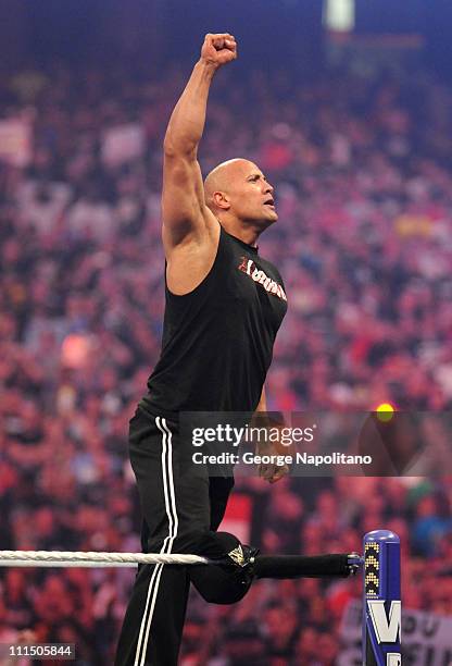 Actor/wrestler Dwayne "The Rock" Johnson attends the WWE 2011 Hall Of Fame Induction at Georgia Dome on April 3, 2011 in Atlanta, Georgia.