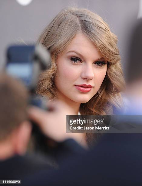 Singer Taylor Swift arrives at the 46th Annual Academy Of Country Music Awards RAM Red Carpet held at the MGM Grand Garden Arena on April 3, 2011 in...