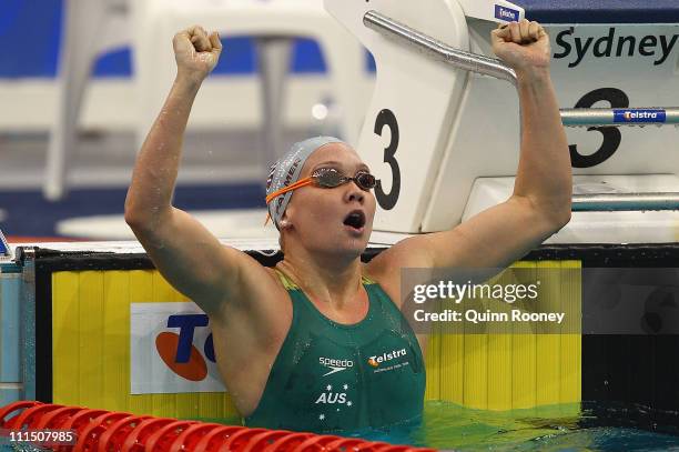 Kylie Palmer of Australia celebrates winning the Final of the Women's 200 Metre Freestyle during day three of the 2011 Australian Swimming...