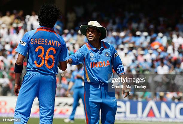 Sreesanth and Sachin Tendulkar during the ICC Cricket World Cup 2011 Final match at The Wankhede Stadium in Mumbai on April 2, 2011. India beat Sri...