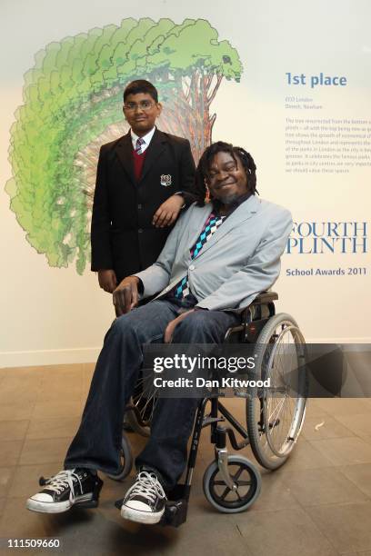 Fourth Plinth artist and judge Yinka Shonibare MBE poses with the winner of the 'Fourth Plinth School's Award 2011', Dinesh 12, from Newham, at City...