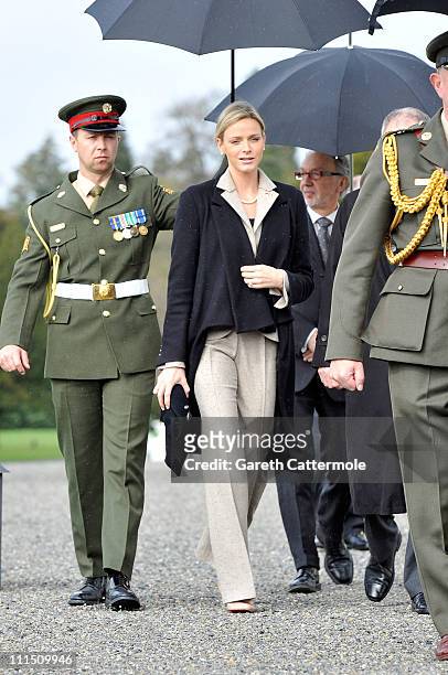 Charlene Wittstock, fiancee to His Serene Highness, Prince Albert II Of Monaco, attends a ceremonial welcome and tree planting at Aras an Uachtarain,...