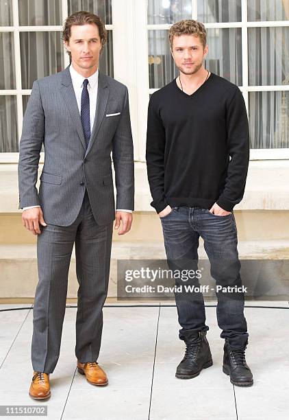 Matthew McConaughey and Ryan Phillippe pose during 'Lincoln Lawyer' Photocall at Hotel Shangri-La on April 4, 2011 in Paris, France.