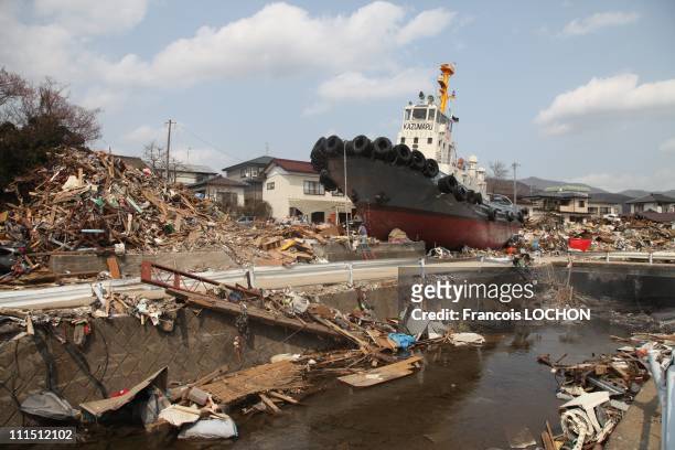 Boat sits amid debris April 3, 2011 in Ohfunato, Japan. The 9.0 magnitude strong earthquake struck offshore on March 11 at 2:46pm local time,...