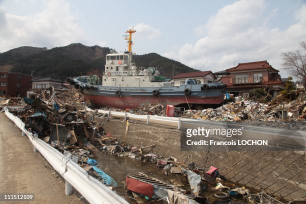Boat sits amid debris April 3, 2011 in Ohfunato, Japan. The 9.0 magnitude strong earthquake struck offshore on March 11 at 2:46pm local time,...