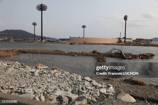 Stadium sits destroyed April 2, 2011in Rikusen Takata City, Japan. The 9.0 magnitude strong earthquake struck offshore on March 11 at 2:46pm local...