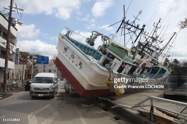 Boat sits in the street April 3,2011 in Kensunama, Japan. The 9.0 magnitude strong earthquake struck offshore on March 11 at 2:46pm local time,...