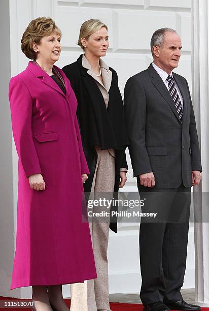 President of Ireland Mary McAleese, Charlene Wittstock and Martin McAleese attend the Aras an Uachtarain on the first day of the state visit by...