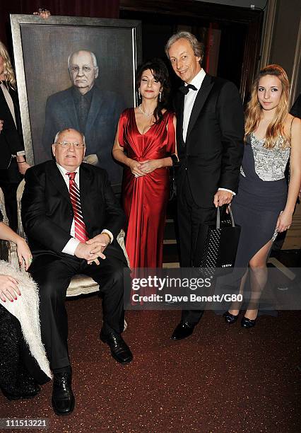 Former Soviet leader Mikhail Gorbachev, guest, Vertu CEO Perry Oosting and guest attend the Gorby 80 Gala at the Royal Albert Hall on March 30, 2011...