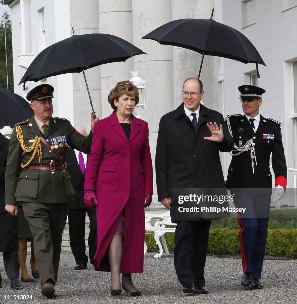 President of Ireland Mary McAleese and H.S.H. Prince Albert visit Aras an Uachtarain on the first day of his state visit on April 4, 2011 in Dublin,...