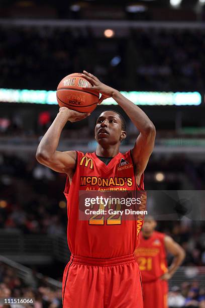 Kentavious Caldwell-Pope of the East Team shoots a free throw during the 2011 McDonald's All American High School Boys Basketball Game against the...