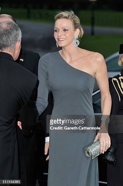 Charlene Wittstock, fiancee to His Serene Highness, Prince Albert II Of Monaco, attends a State Dinner at Aras an Uachtarain, the official residence...