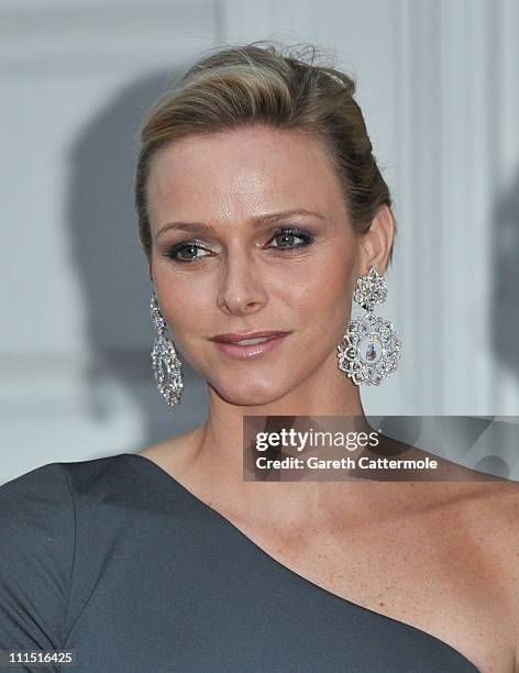 Charlene Wittstock, fiancee to His Serene Highness, Prince Albert II Of Monaco, attends a State Dinner at Aras an Uachtarain, the official residence...