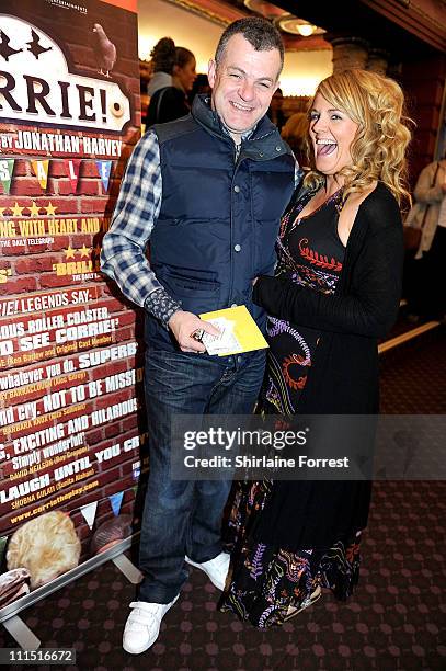 Playwright Jonathan Harvey and former 'Coronation Street' actress Sally Lindsay attend the press night of 'Corrie! The Play' at Manchester Palace...