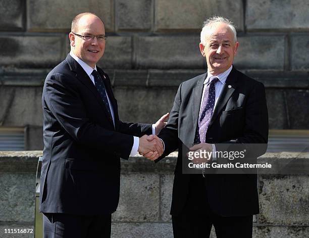 His Serene Highness, Prince Albert II Of Monaco shakes hands with Senator Pat Moylan at Leinster House during a State visit on April 4, 2011 in...