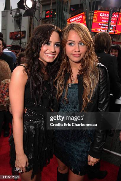 Demi Lovato and Miley Cyrus at the World Premiere of Walt Disney Pictures "Hannah Montana The Movie" on April 02, 2009 at the El Capitan Theatre in...