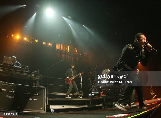 Linkin Park musicians Joe Hahn . Brad Delson, and Chester Bennington perform at KROQ's Almost Acoustic Xmas - Day 1 held at Gibson Amphitheatre on...