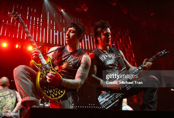 Avenged Sevenfold musicians Zacky Vengeance and Synyster Gates performs at KROQ's Almost Acoustic Xmas - Day 1 held at Gibson Amphitheatre on...