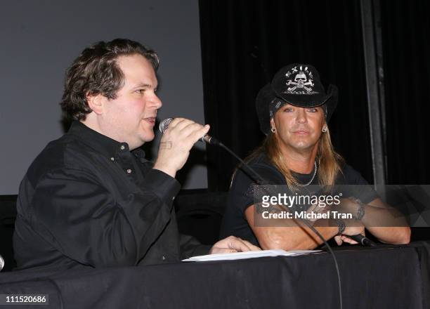 Radio personality Eddie Trunk and singer Bret Michaels speak at the official line-up press conference for the 2008 Rocklahoma music festival held at...