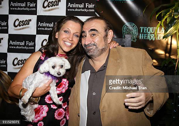 Personality Wendy Diamond and her dog Lucky with actor Ken Davitian attend the "Doggy Fiesta" hosted by Wendy Diamond and her dog Lucky held at...