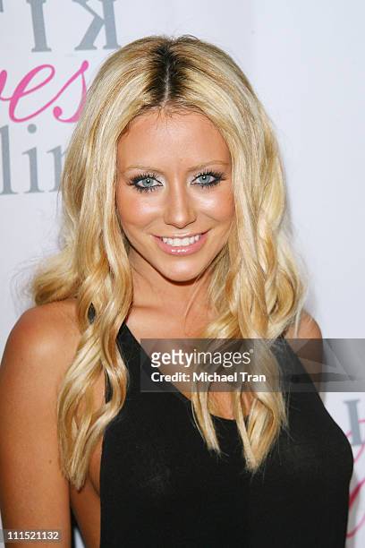 Personality Aubrey O'Day arrives at the Kritik Clothing by Jonathan Cheban Launch Party held at the Lisa Kline store on April 10, 2008 in Beverly...