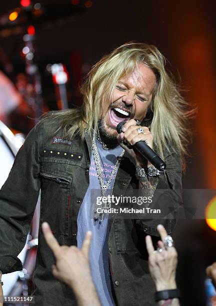 Lead singer of Motley Crue Vince Neil performs on stage at the press conference announcing "Crue Fest 2008: The Summer's Loudest Show on Earth" held...