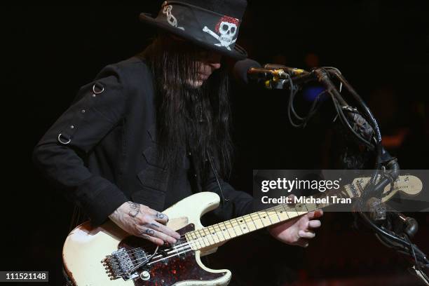 Guitarist of Motley Crue Mick Mars performs on stage at the press conference announcing "Crue Fest 2008: The Summer's Loudest Show on Earth" held at...
