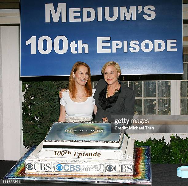 Allison Dubois and Patricia Arquette attend the 100th episode cake cutting celebration for CBS's "Medium" held on August 27, 2009 in Manhattan Beach,...