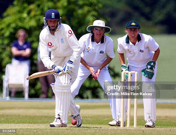 Caroline Atkins of England cuts the ball on day one of the CricInfo Women's test between England and Australia at Shenley. DIGITAL IMAGE Mandatory...