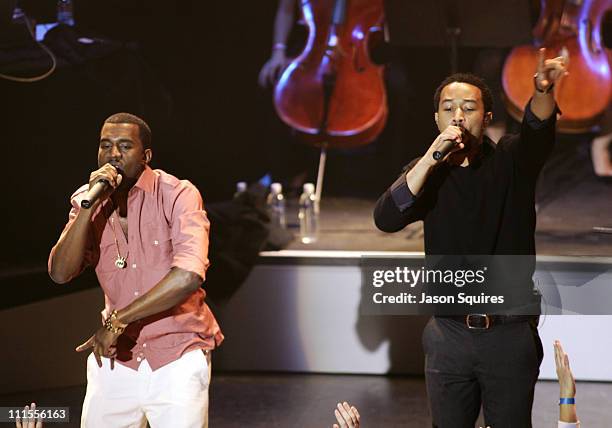 Kanye West and John Legend during Rolling Stone/Verizon Wireless Pre-GRAMMY Concert with Kanye West - Show and Audience at Spider Club in Hollywood,...