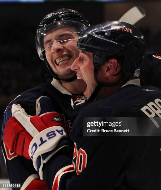 Vaclav Prospal of the New York Rangers scores his second goal of the game at 18:26 of the second period against the Boston Bruins and is joined by...