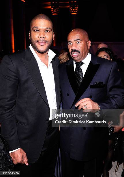 Director Tyler Perry and comedian Steve Harvey attend the 2nd annual Steve Harvey Foundation Gala at Cipriani, Wall Street on April 4, 2011 in New...