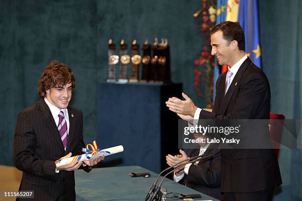 Fernando Alonso and Prince Felipe during Prince of Asturias Awards Ceremony - October 21, 2005 at Campoamor Theatre in Oviedo, Spain.